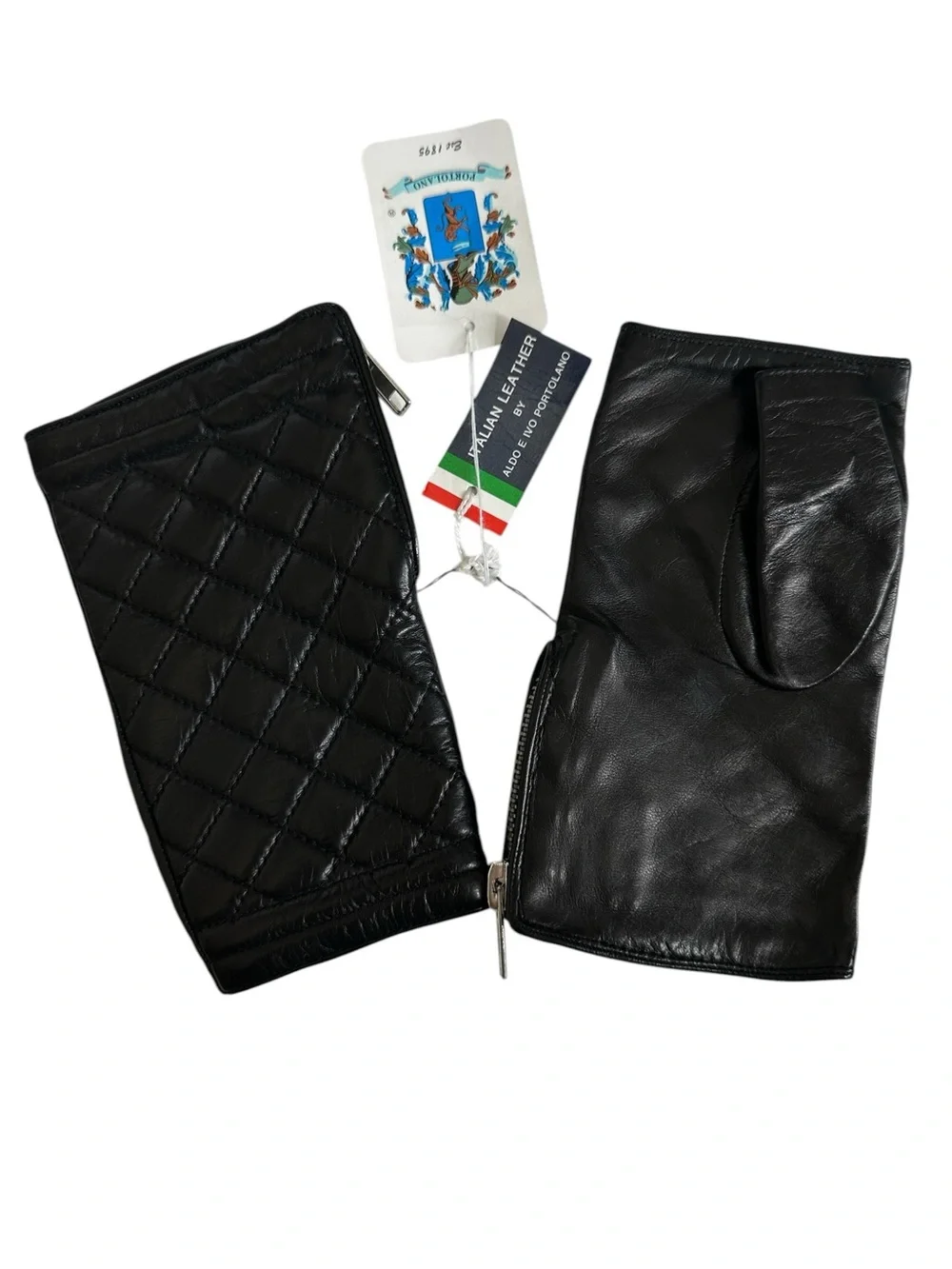 Portolano Black Quilted Leather Fingerless Side Zip Gloves Size 7 NWT